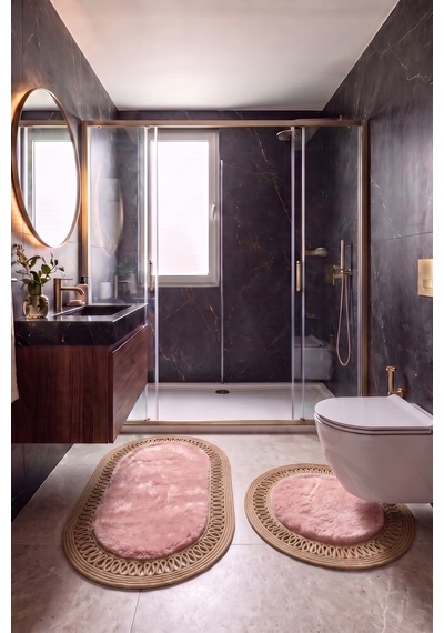 Banyo Paspası Takımı 60x100+60x60 Cm İç Trikot Pembe & Camel