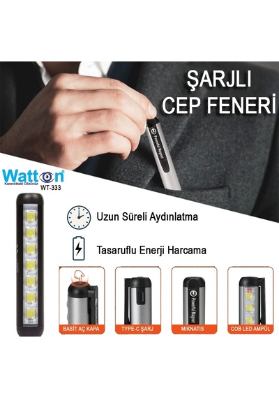 Type-c Girişli Mıknatıslı Şarjlı Cep Feneri Wt-333 Renkli