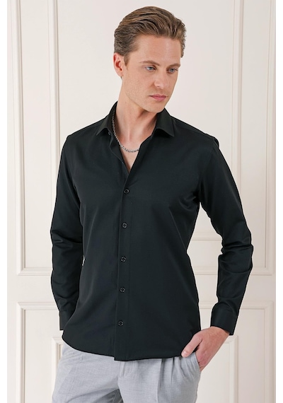 Efor Gk 718 Slim Fit Dokulu Pamuklu Klasik Siyah Gömlek Siyah
