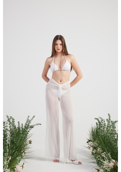 Holly Lolly Beli İp Detaylı Tül Pareo Shirred Pantolon Beyaz