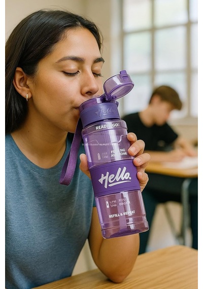 Hello Pipetli Suluk 800 Ml Renkli Askılı Su Şişesi Çocuk Ve Yetişkin Okul Seyahat İçin Gıda Sınıfı Plastik Sızdırmaz Matara Mor