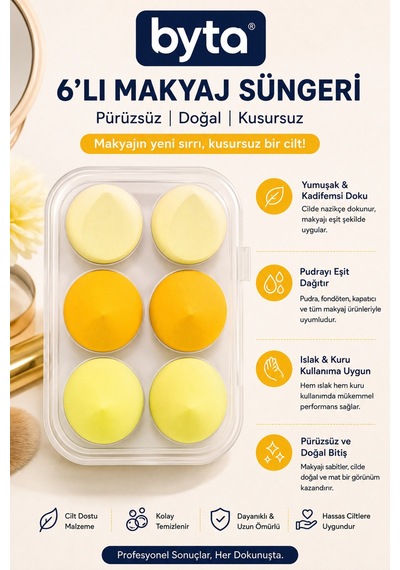 6 Lı Makyaj Süngeri Seti Kutulu Fondöten Ve Kapatıcı Uygulama Süngerleri