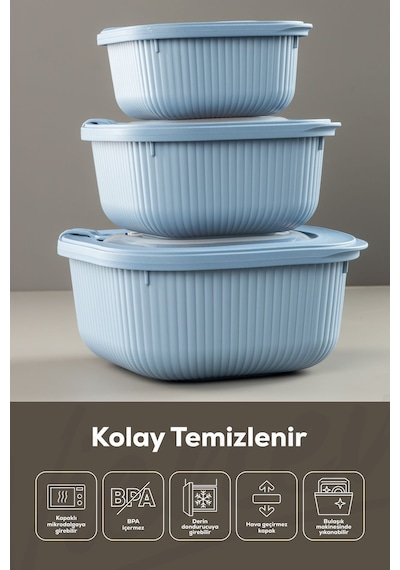 Vienev Mikrodalga Ve Difrize Uygun Vip Kapaklı Özel Saklama Kabı Seti Mavi 12'li 4 x 600 -1100 - 1800 ML Mavi