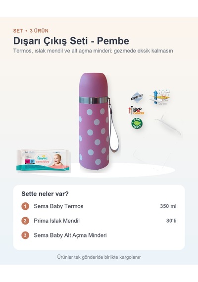 Dışarı Çıkış Seti 3 Parça: Termos + Prima Islak Mendil + Alt Açma Minderi - Pembe