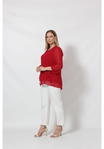Moda Berray 3243-1 Kırmızı Kol Ucu Bağlama Detaylı Bluz 001