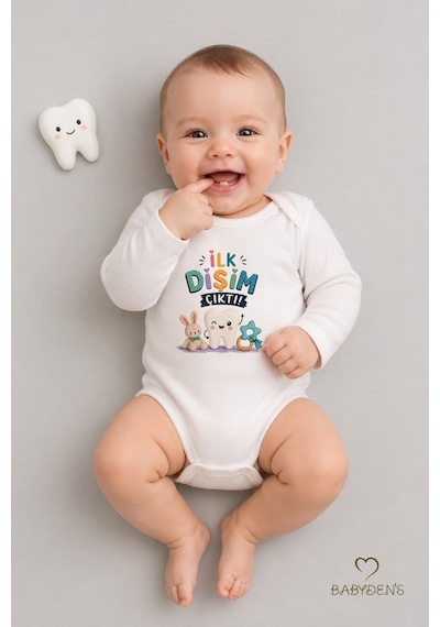 Babyden's Diş Buğdayı Body %100 Pamuk İlk Dişim Çıktı Baskılı Uzun Kollu Bebek Body Çıtçıtlı Unisex Yenidoğan Zıbın Beyaz
