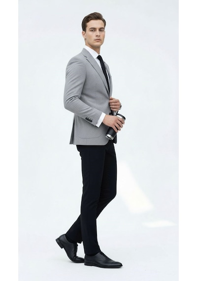 Plus Scorpion Açık Gri Kırçıllı Erkek Blazer Ceket Torba Cepli, Çift Yırtmaçlı, Dokulu Premium Kumaş Slim Fit Gri