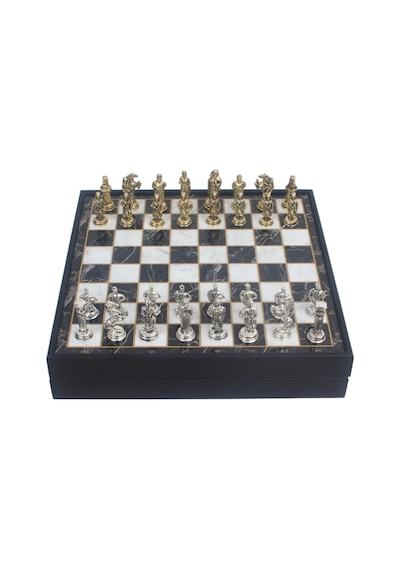 Lüks Sandıklı Metal Satranç Takımı Krom Kaplama Osmanlı Vs Bizans Figürler Mermer Desenli 20 Cm.