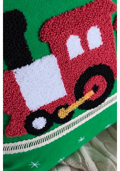 Tren Nakışlı Dantelli Dekoratif Kırlent Kılıfı - Punch İşlemeli Çocuk Odası Dekoru - 43x43 Cm Yesıl Yeşil