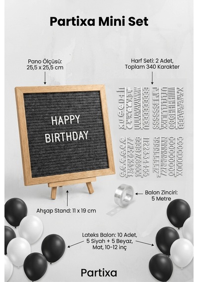 Siyah Beyaz Şık Doğum Günü Süsleme Mini Set Koyu Gri Keçe Yazı Panosu Standlı Balon Zincirli Yetişkin