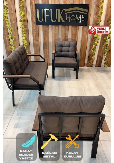Ard & Garden 2 1 1 Balkon Takımı, Çay Seti, Metal Koltuk Takımı, Bahçe Takımı, Bahçe Mobilyası Koyu Kahverengi