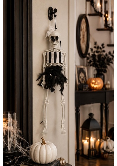 Beyaz Fiyonklu Tüllü İskelet Süs 43 Cm Halloween Cadılar Bayramı Parti Malzemesi