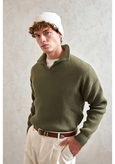Erkek Polo Yaka Örme Oversize Kazak Yeşil