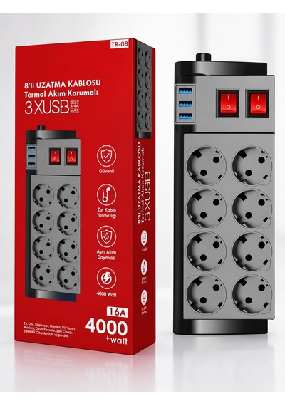 Ftr-08 4000w 16a Akım Korumalı 2 Anahtarlı 8'li Priz, 3 Usb Portl