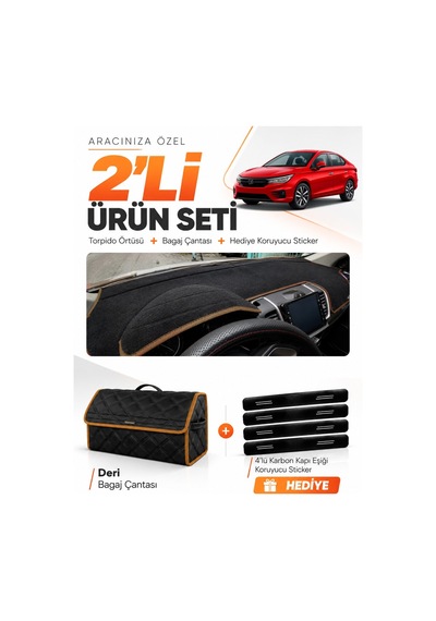 E-biz Honda Cıty 2020-2024 Uyumlu Torpido Örtüsü + Deri Bagaj Çantası - Siyah-kahverengi - Ho003
