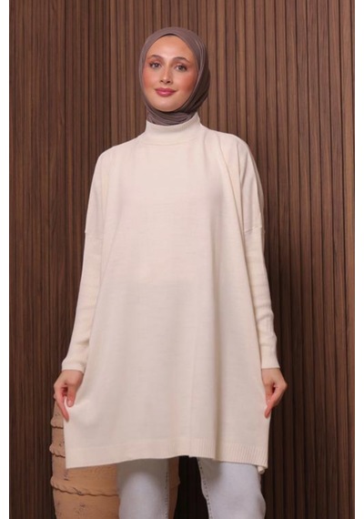 Balenbi Kadın Dik Yaka Basic 80cm Salaş Oversize Triko Tunik 1145 Ekru