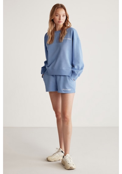 Grımelange Jennıfer Kadın Organik Pamuklu Nakışlı Yuvarlak Yakalı Oversize Mavi Sweatshirt