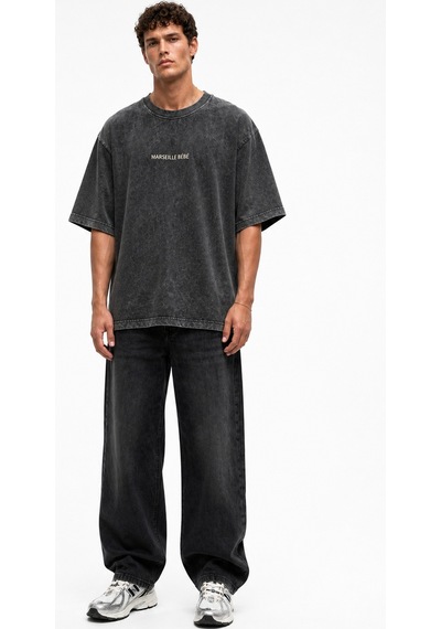 Respire Erkek Marseille Baskılı Yıkamalı Oversize T-shirt Siyah