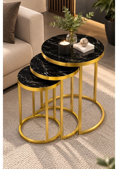 Sulorahome Siyah Mermer Desenli Gold Metal Ayaklı 3'lü Zigon Sehpa Takımı Altın - Siyah