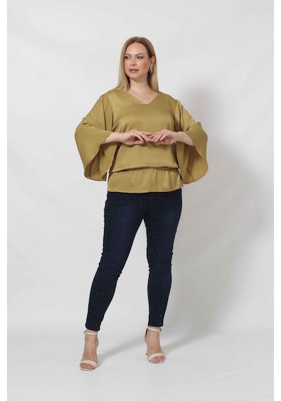 Moda Berray 3183yy Yağ Yeşili Beli Lastikli Bol Kol Bluz 001