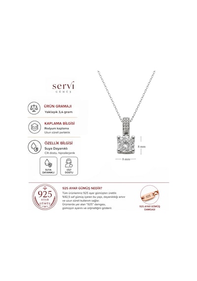 Servi 925 Ayar Gümüş Işıltılı Zirkon Taşlı Tektaş Kolye-376