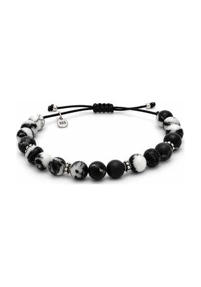 Safir Jewellery Siyah Beyaz Jasper Doğal Taşlı 8mm - 925 Ayar Gümüş Süslemeli Makrome Örgülü İpli Erkek Bileklik – Hediye Kutulu