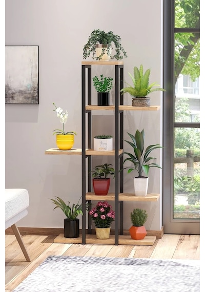 Modern Tasarımlı 5 Raflı Saksılık Metal Çiçek Rafı Çiçeklik Atlantik Çam