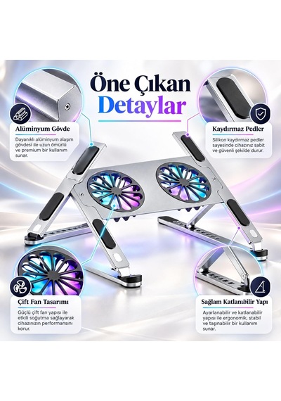 Çift Fanlı Laptop Soğutucu Stand, 8 Kademeli Ayarlanabilir Metal Stand P-11