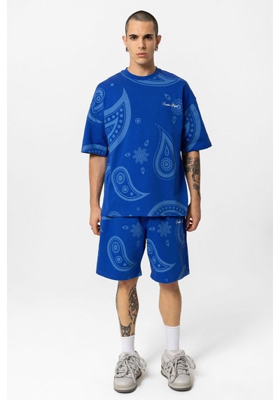 Oversize Desenli Şort Tişört Takım Saks