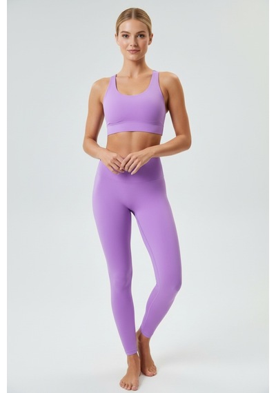 Yüksek Bel Toparlayıcı Tayt & Spor Sütyeni Takım Mor Lavanta Pilates Fitness Set Mor Lavanta