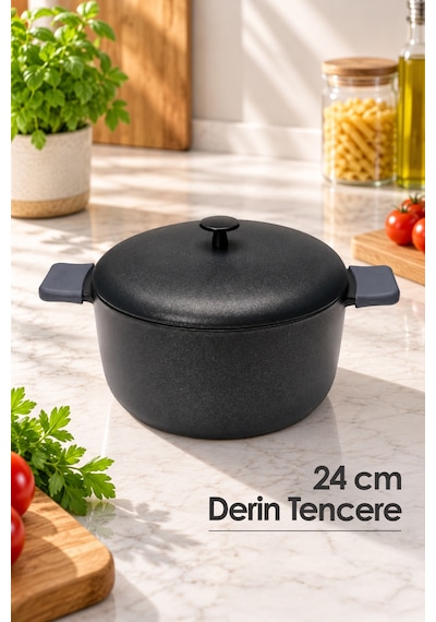7 Parça Döküm Granit Tencere Sahan Seti Siyah