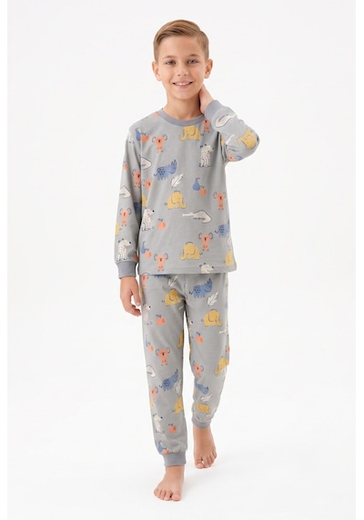 Bunny Hopp Erkek Çocuk Uzun Kollu Pijama Takımı %100 Pamuk Safari Hayvan Desenli Penye Gri