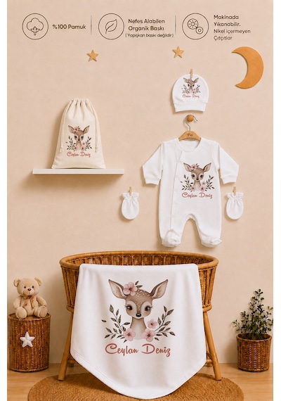 Pia Baby Kız Bebek Hastane Çıkışı İsme Özel Battaniye Tulum Seti %100 Pamuk Ham Bez Kıyafet Keseli Kız Bebek Hediyesi 1040btk0x Ekru