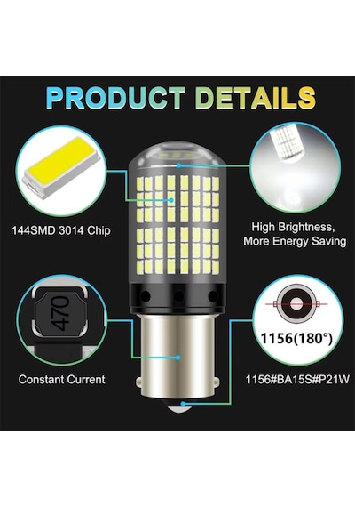 Carub Ampul 12v 93 144 Led Şeffaf Oto Geri Vites Ampulü Fren Stop Sis Sinyal Lambası Düz Çakarlı Beyaz Br0404040