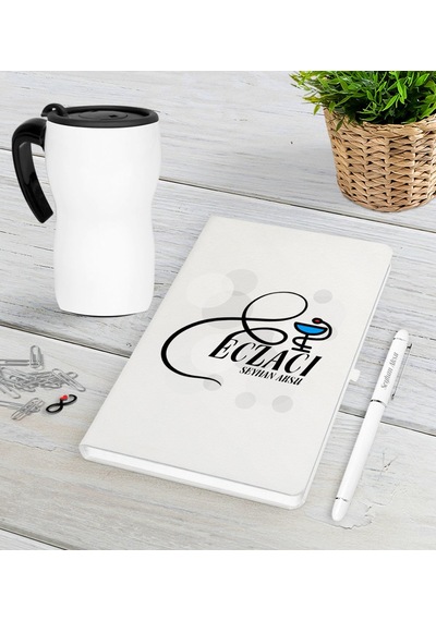 Kişiye Özel Eczacı Beyaz Defter Kalem Termos Mug Seti-7