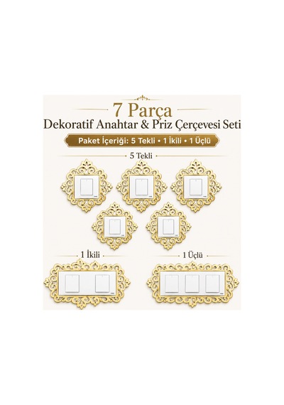 Gold Dekoratif Anahtar Priz Çerçevesi 7 Li Set 5 Tekli 1 İkili 1 Üçlü