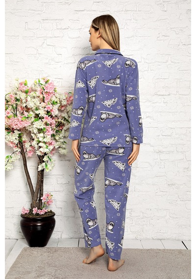 Nisanca Bayan Kışlık Welsoft Peluş İnci Polar Düğmeli Pijama Takımı 'ipeksi Doku' İndigo