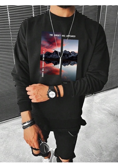 Startmore Adrift Manfinity Hypemode Mountain & Slogan Graphic Sweatshirt Siyah Siyah