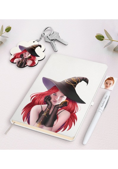 Kişiye Özel Kadın Cadı Karikatürlü Beyaz Defter Kalem Ve Anahtarl N11.1090