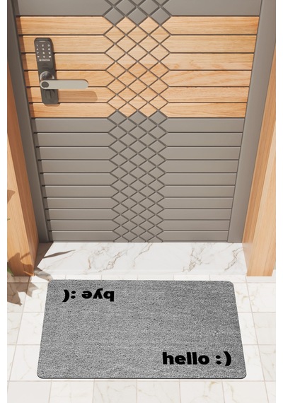 Rugmood Modern Dijtal Baskı Gri Hello Ve Bye Kapı Önü Paspası