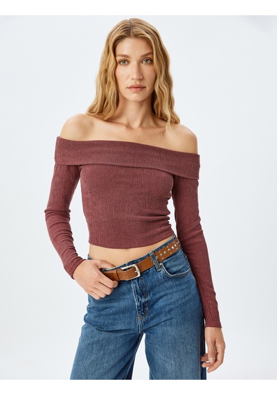 Koton Madonna Yaka Tişört Uzun Kollu Slim Fit Bordo 5wak50072ek Bordo