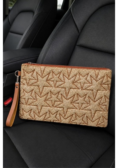 Adelina Bags Hasır Yıldız Nakış İşlemeli Portföy El Çantası Bilek Askılı Hasır Clutch Çanta