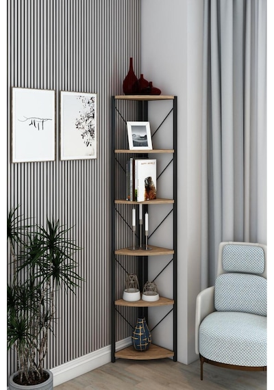 Datça 6 Raflı Metal Köşe Kitaplık Rafı Dekoratif Aksesuar Rafı 180 Cm Meşe Ceviz