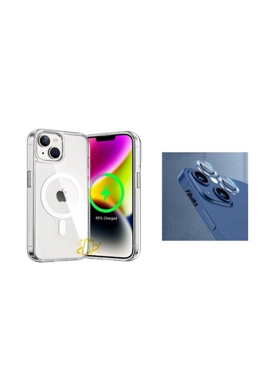 Iphone 14 Plus Uyumlu Kılıf Şeffaf Magsafe Wireless Şarj Destekli Ve Mavi Kamera Lens Koruma Renk6764-mavi