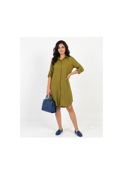 Polologin Butik Yağ Yeşili Düz Kesim Kadın Viskon Gömlek Tunik Haki