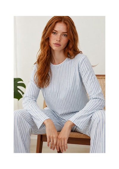 Fit Women Kadın Çizgili Regular Fit Mavi Pijama Takımı 4687