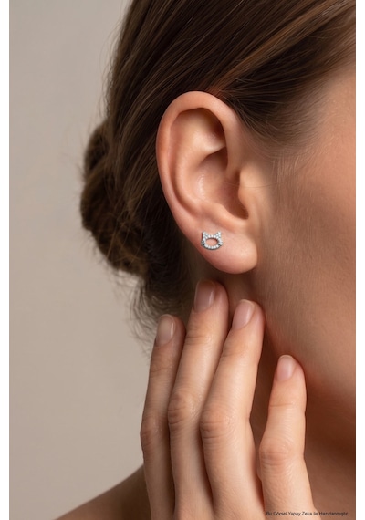 Sevimli Kedi 18 Ayar Beyaz Altın Kaplama Gümüş Flat-lobe Piercing