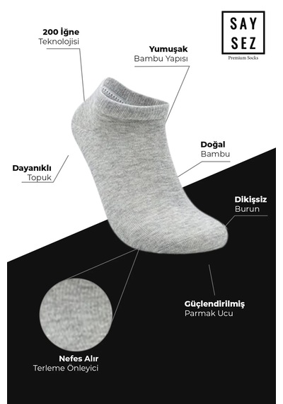 Saysez Bambu Kadın Sneaker Asorti Çorap Dikişsiz Görünmez Bilek Spor 4lü Beyaz - Gri - Siyah