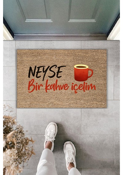 Rugmood Modern Dijital Baskı - Neyse Bir Kahve İçelim - Kapı Önü Paspası Kahverengi