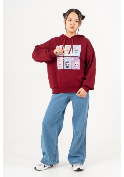 Kız Çocuk Labubu Baskılı 3 İplik Kışlık Şardonsuz Sweatshirt 4540 Bordo